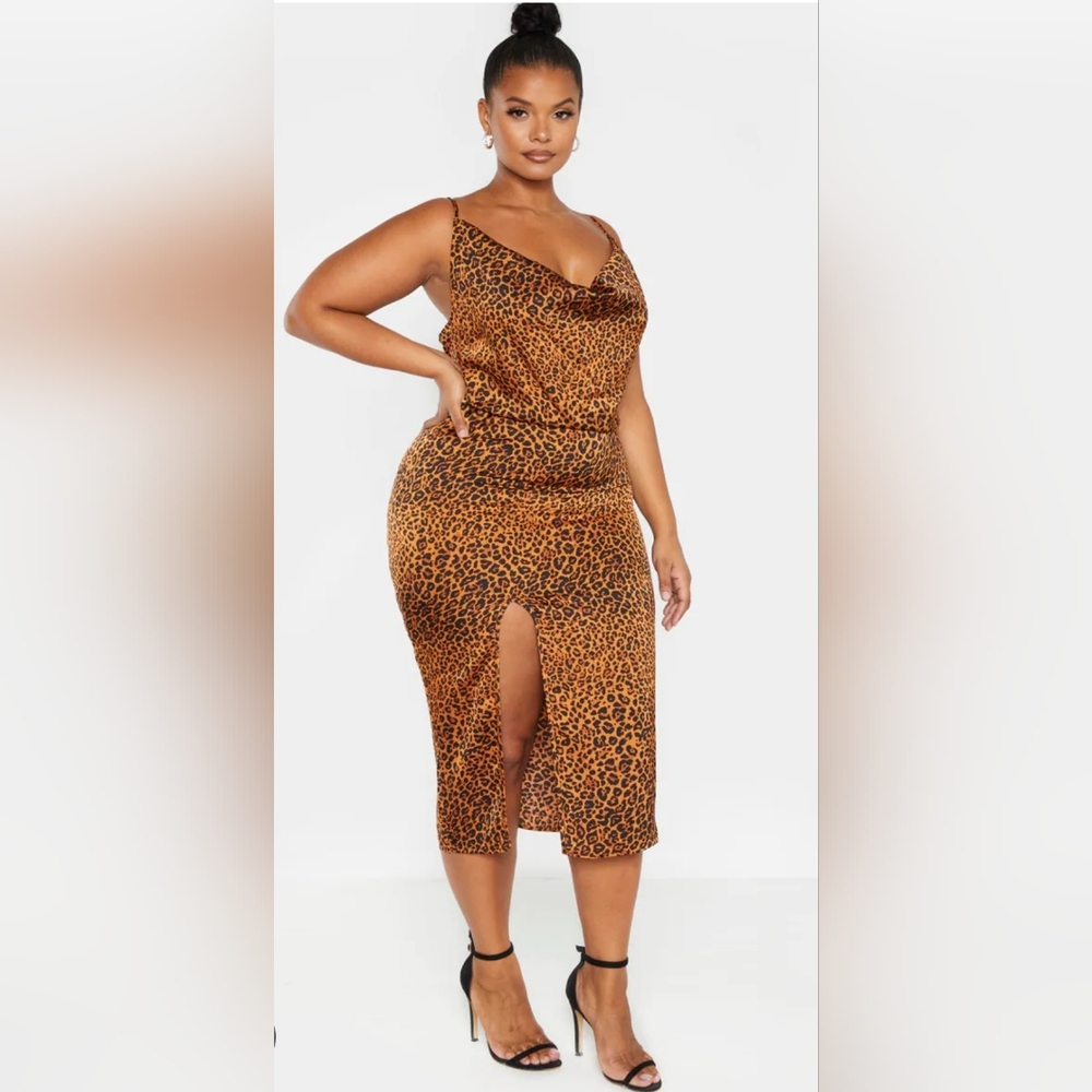 PrettyLittleThing Leopard Print Cowl Midi Dress in Brown